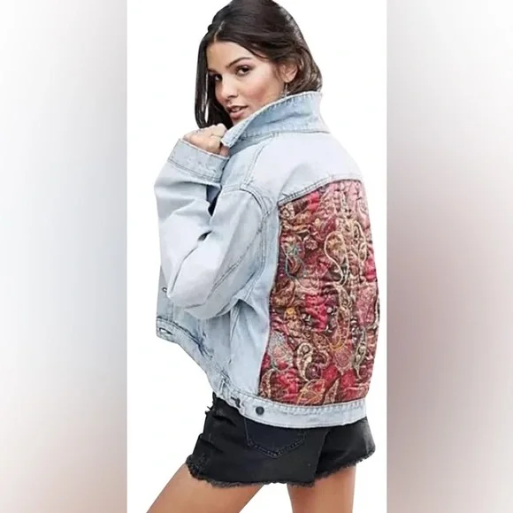 Free People Paisley Quilted Denim Jacket in Sky M/L